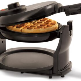 BELLA Rotating Belgian Waffle Maker – 1-Slice Nonstick Electric Iron with Adjustable Browning Control, Cool Touch Handle & Removable Drip Tray (Black)