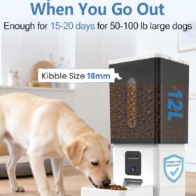 Smart Automatic Dog Feeder with Camera – 12L / 50 Cup Large Capacity, Anti-Clog Dispenser for Big Breeds, 2-Way Audio & App Control for Up to 20 Days of Feeding