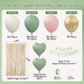 Pink and Sage Green Birthday Decorations Kit - 70Pcs Elegant Balloons, Gold Fringe Curtain & Banner for Women's Baby Shower or Bridal Party