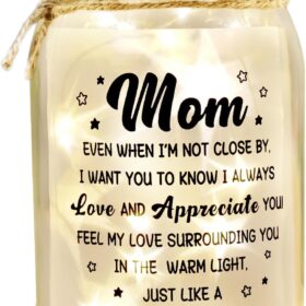 Warm Hug Mason Jar Night Light – Sentimental Gifts for Mom from Daughter or Son – Battery-Powered Starry Tabletop Decor for Birthdays, Mother’s Day & Christmas
