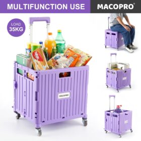 MACOPRO Purple Folding Utility Cart – Portable Rolling Hand Truck with Heavy Duty Plastic Base, Telescopic Handle & 4 Swivel Wheels for Travel, Shopping, and Office
