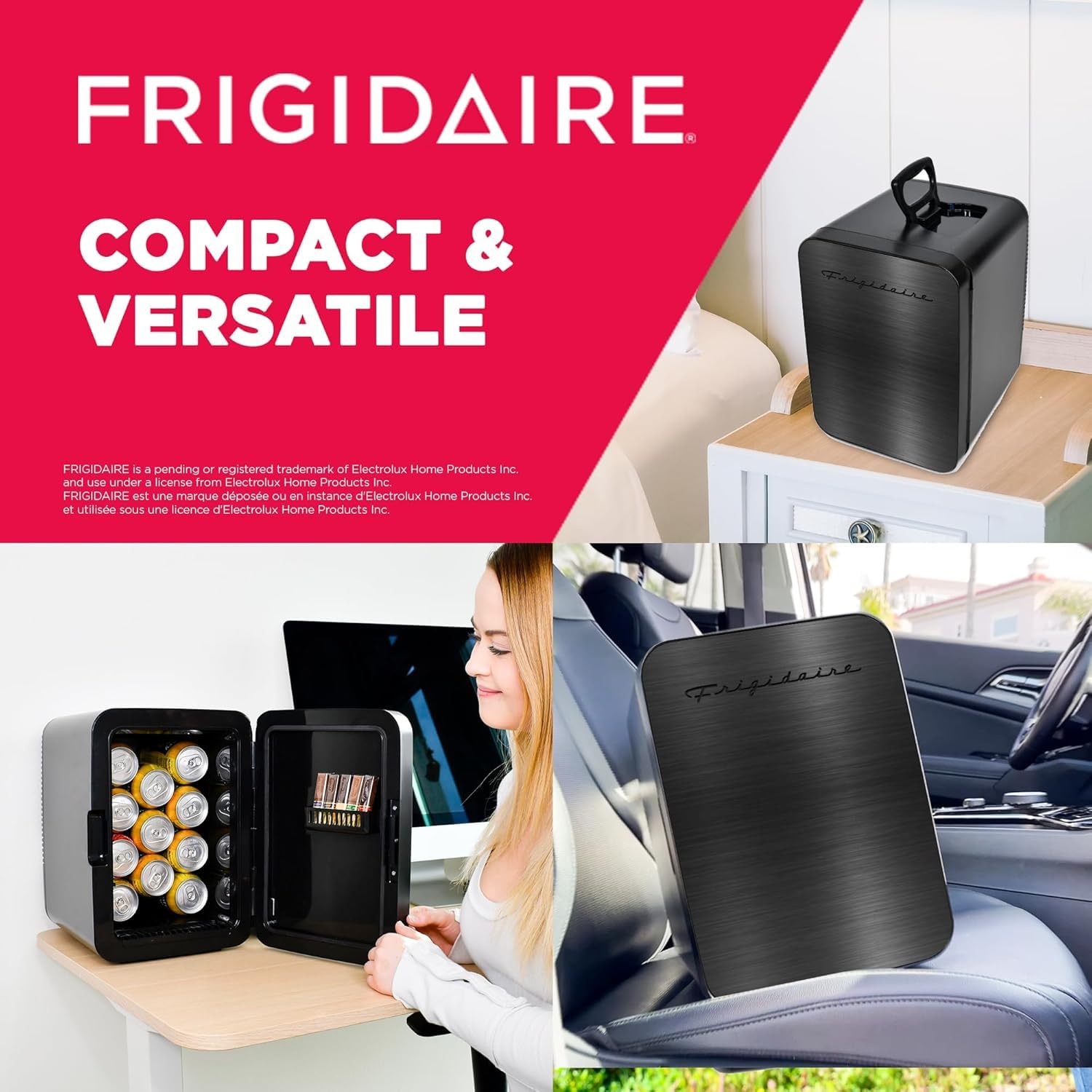 Frigidaire EFMIS183-SSBLK 10L Portable Mini Fridge - Black Stainless Steel, 15-Can Capacity for Skincare, Dorms, and Office