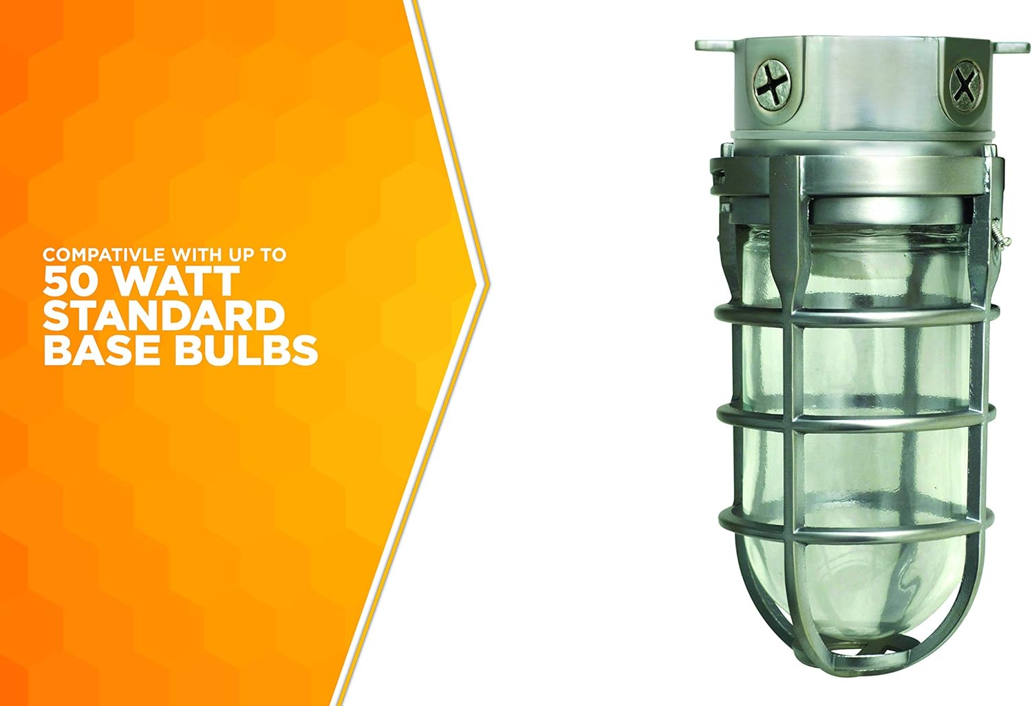 Designers Edge L1706 Vandal Resistant Security Light - Heavy Duty Industrial Cage Ceiling Mount with Tempered Glass Lens, Silver, 150W