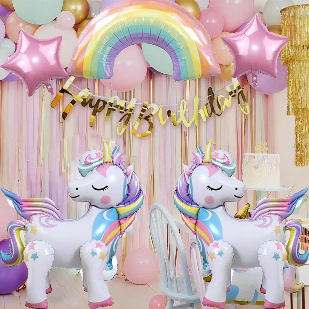 5-Piece Self-Standing Unicorn Balloon Set – 3D Rainbow & Star Foil Party Decorations for Birthdays