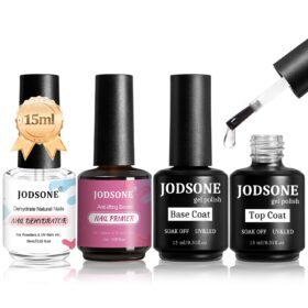 JODSONE 4-Piece Gel Nail Essential Set – 15ml Fast Dry Primer, Base & Top Coat Kit for Long-Lasting DIY Manicures