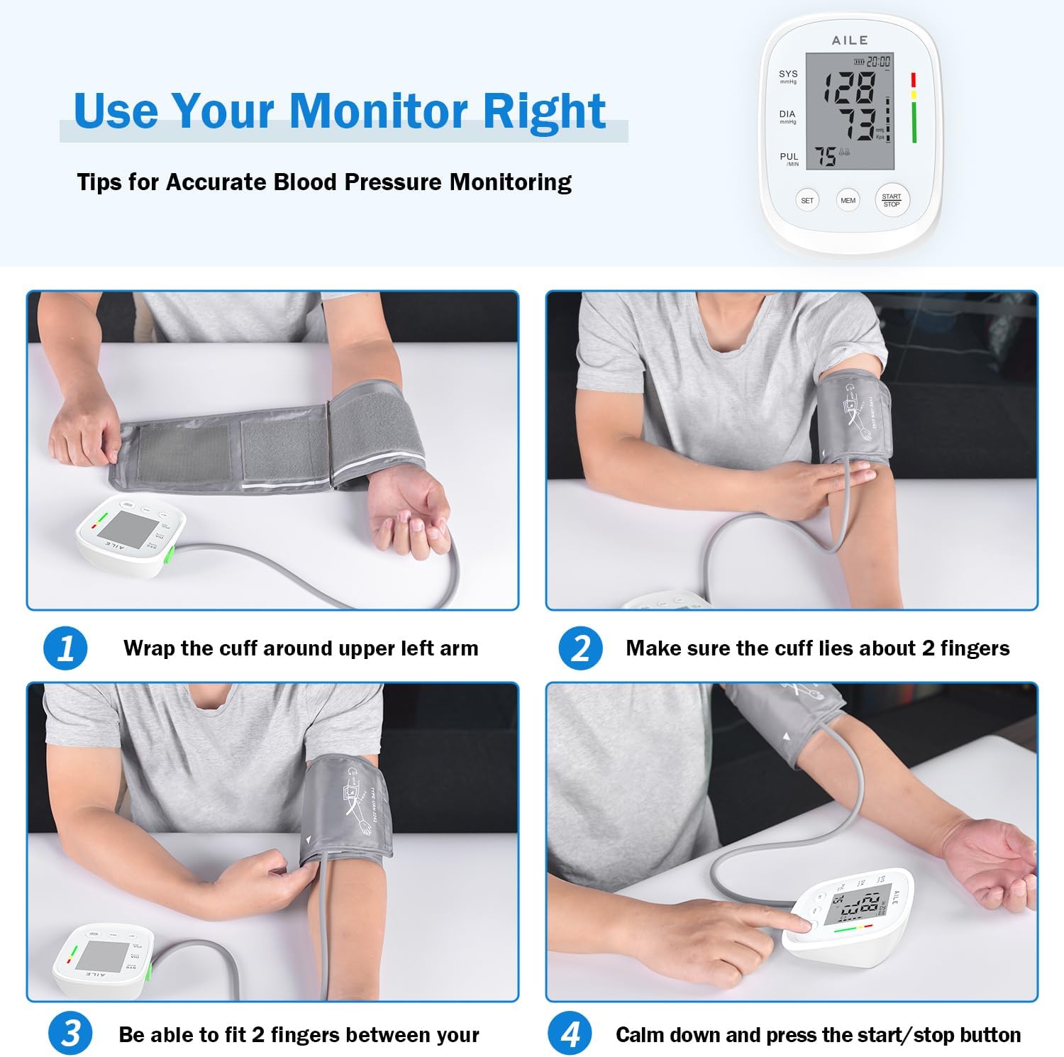 AILE Fully Automatic Upper Arm Blood Pressure Monitor with Large Adjustable Cuff (8.7"-16.5") - Dual User Memory & High Precision LCD Screen for Home Use