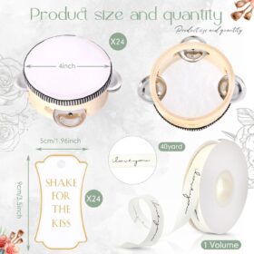 24-Pack Wedding Tambourines Favor Set – 4 Inch Wooden Hand Drums with Metal Jingles, 'Shake For The Kiss' Tags & 'I Love You' Ribbon – Musical Instruments for Church, Party Supplies & Wedding Souvenirs