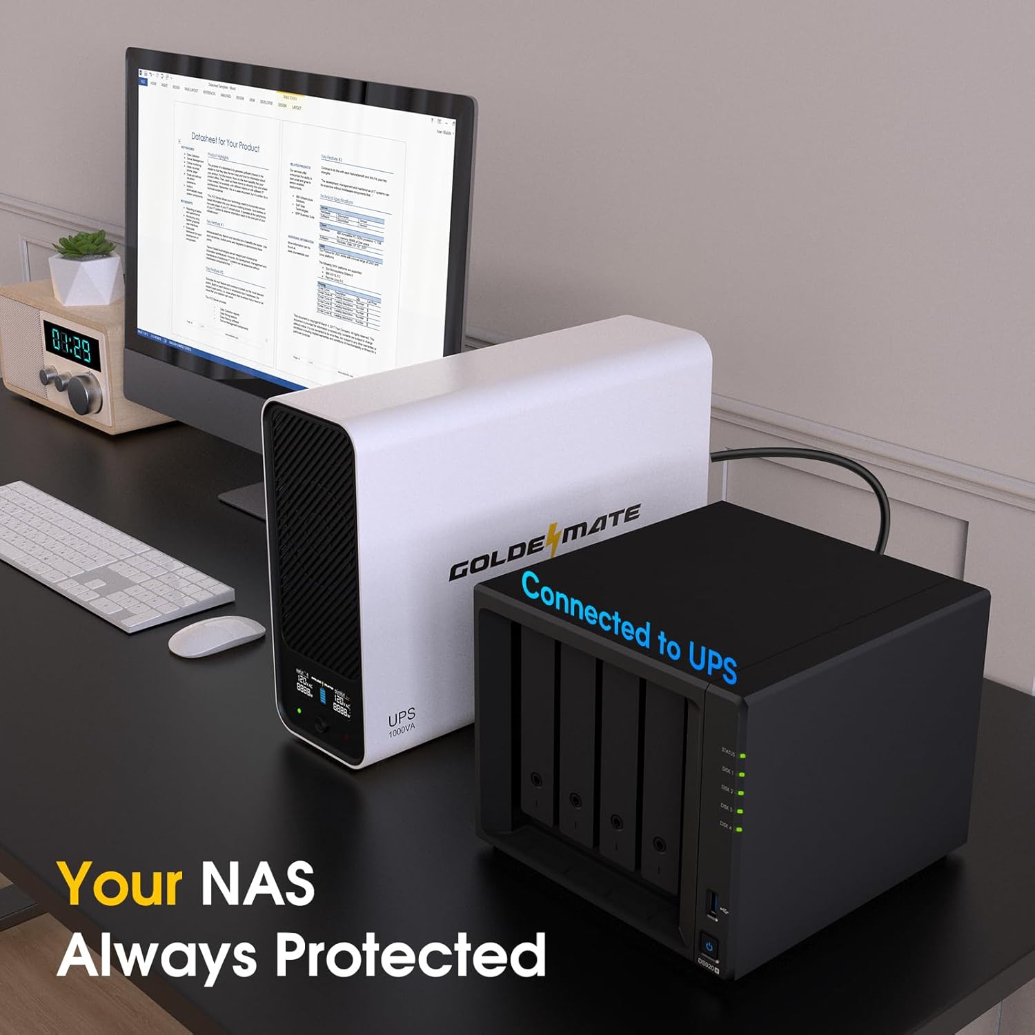 GOLDENMATE 1000VA/600W LiFePO4 UPS Battery Backup & Surge Protector | 10-Year Lifespan, Pure Sine Wave, Auto-Shutdown Port, LCD Display, 8 Outlets (White, 2025 Pro Version)