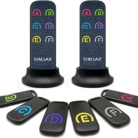 SIMJAR Key Finder (2 Remotes + 6 Receivers) – 131ft RF Item Locator with 80dB Loud Alarm, Flashlight, & Ultra-Thin Design – No App Required for Wallets, Keys, and Pets