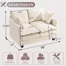 Chenille Loveseat Sofa 50 Inch | 2-Person Deep Seat Small Couch with Removable Washable Cover | Ideal Comfy Living Room & Bedroom Furniture (Beige)