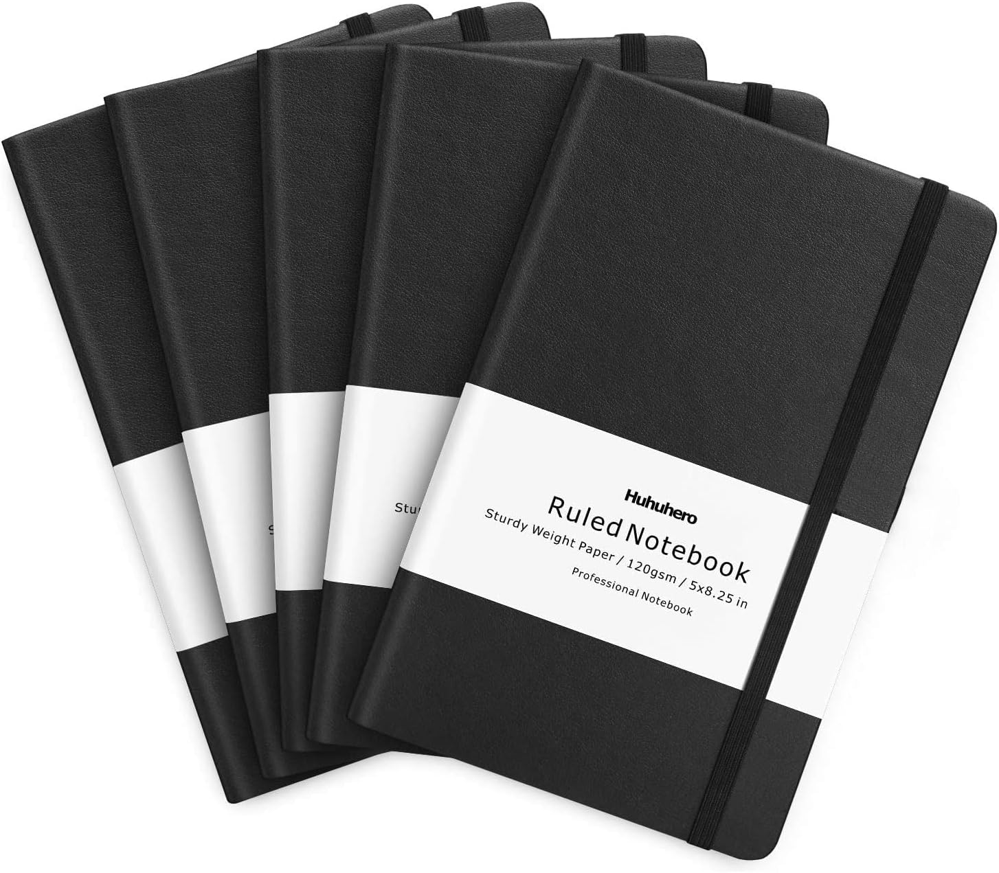 Huhuhero 5-Pack Premium Hardcover Journals, A5 Lined Notebooks with 120Gsm Thick Paper, Portable Leather Writing Notebooks for Office, School & Business (Black, 5" x 8.25")