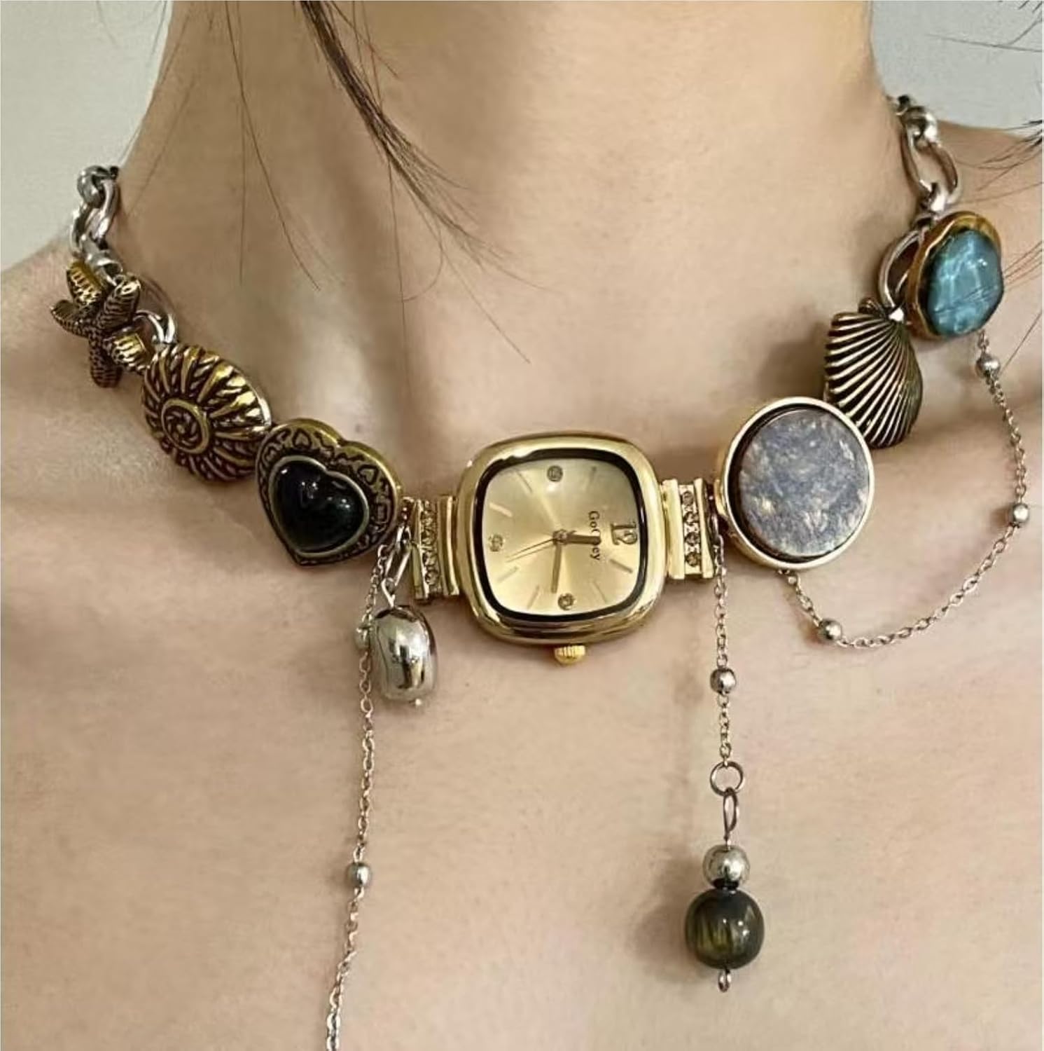 Vintage Timepiece Pendant Necklace with Seashell Charm & Gemstones | Gold-Tone & Silver-Tone Dual Chain Jewelry for Women