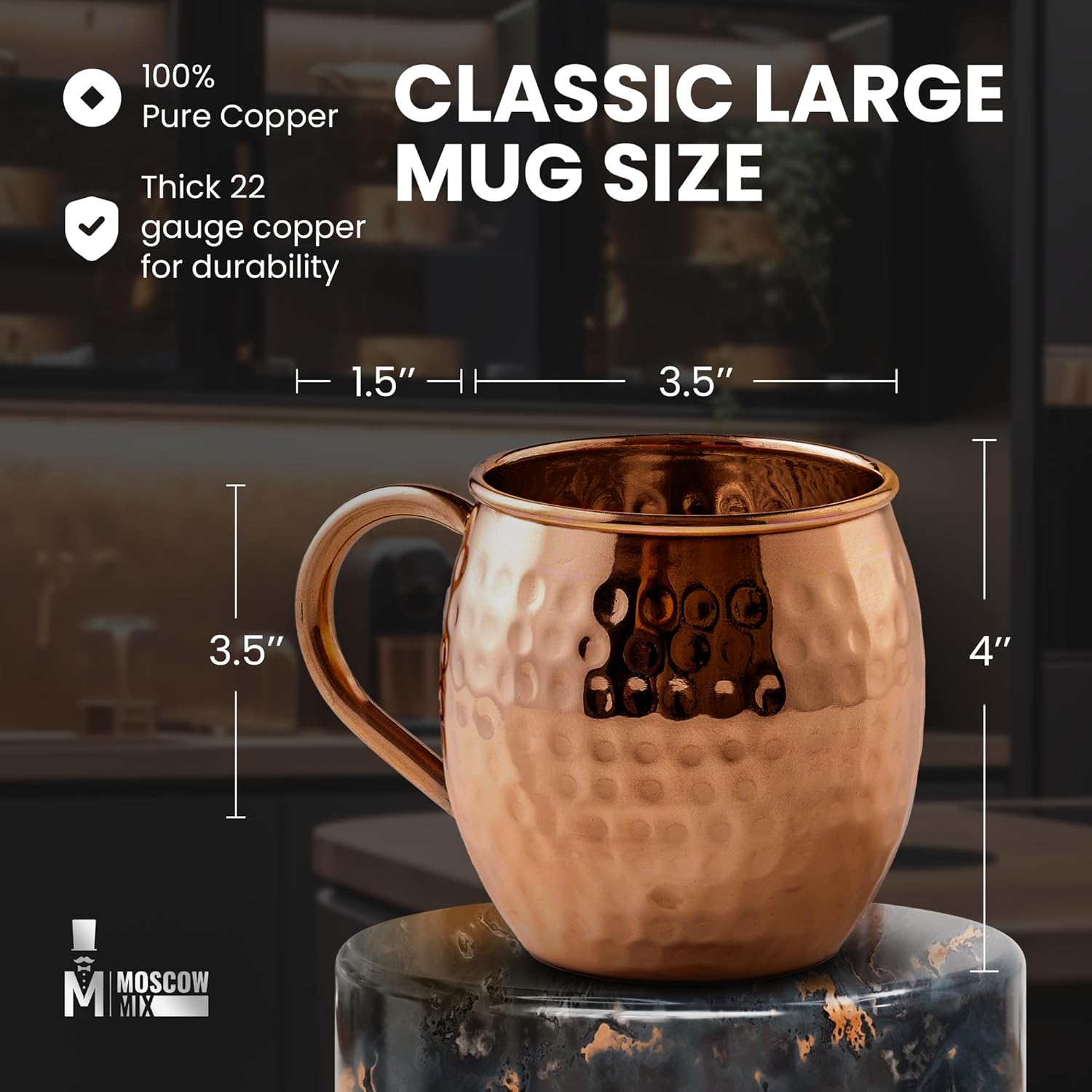 Moscow-Mix Premium 100% Pure Copper Moscow Mule Mugs - Set of 4, Handcrafted Large 16 Oz Drinkware with Handle - Solid Copper Cups for Cocktails, Beer, and Home Bar Gifts