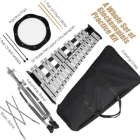 Giantex 30-Note Percussion Glockenspiel Bell Kit with Adjustable Stand, 8" Practice Pad, Mallets, Drumsticks, Music Stand & Portable Bag – Complete Band Beginner Set