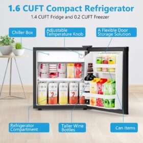 Electactic 1.6 Cubic Foot Mini Refrigerator with Freezer - Ultra-Quiet, Energy Star Efficient Compact Fridge with Reversible Door and Adjustable Thermostat - Perfect for Dorms, Offices, and Bedrooms (Black)