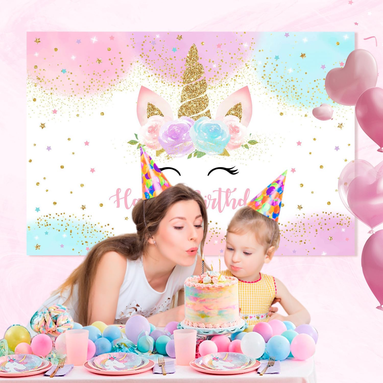 Mocsicka Unicorn Backdrop for Girls Birthday Party Decorations - 5x3ft Pastel Rainbow Photography Banner with Glitter Stars & Dots