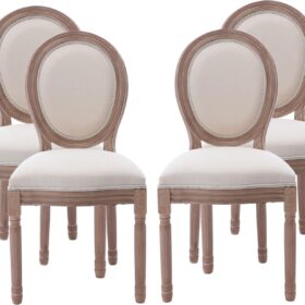 Nrizc French Country Dining Chairs Set of 4 - Farmhouse Upholstered Side Chairs with Solid Oak Wood Legs & Linen Fabric Round Back