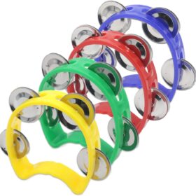 4-Pack Plastic Handheld Tambourines – Colorful Mini Rhythm Instruments with Jingle Bells for Music Education, Kadosh, Church, and Classroom Band Activities