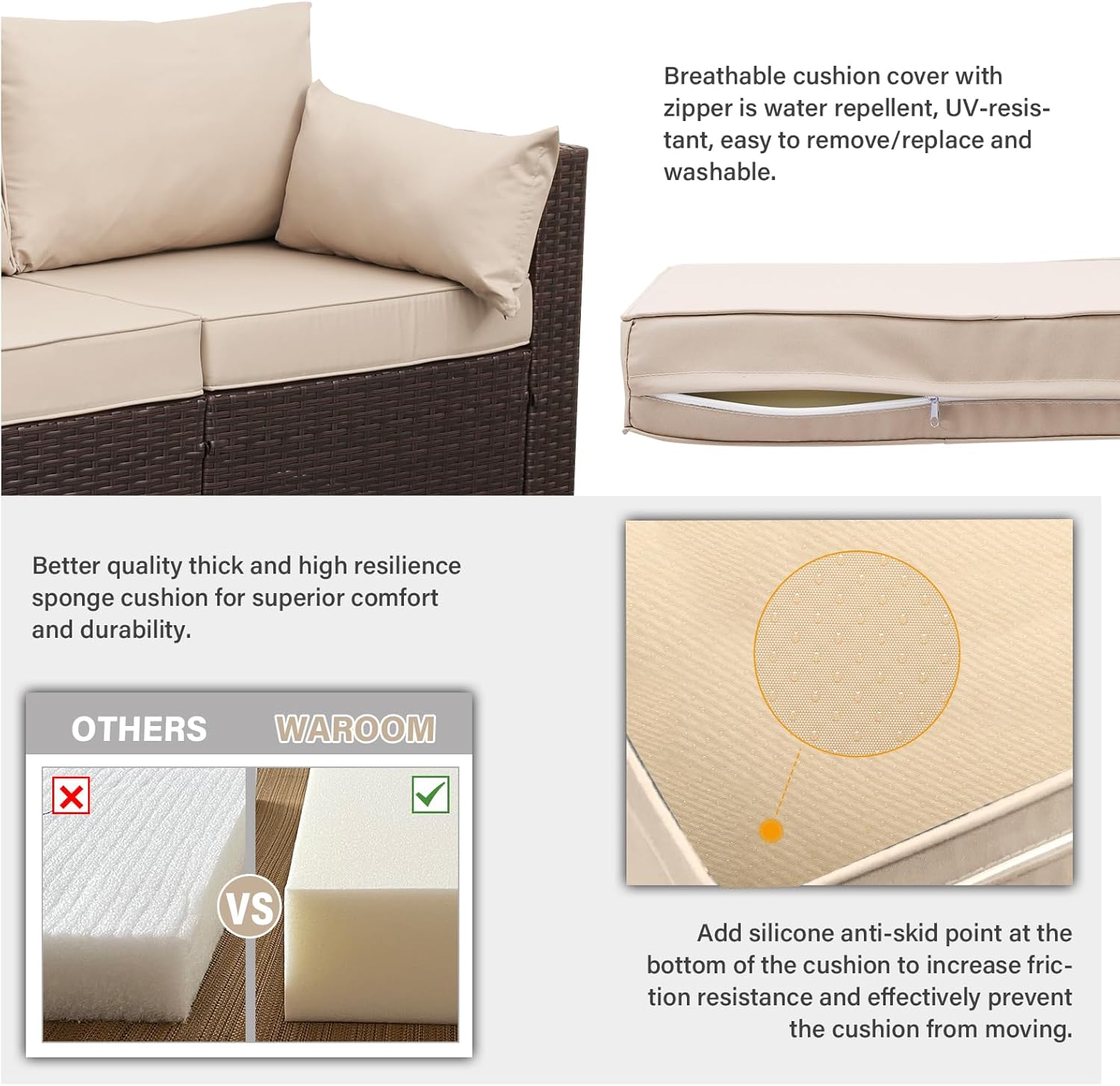 WAROOM Outdoor PE Wicker 3-Person Patio Sofa Set – Deep Seating Brown Rattan Couch with Beige Cushions, Water-Resistant Covers & Weather-Resistant Steel Frame for Garden, Porch & Poolside