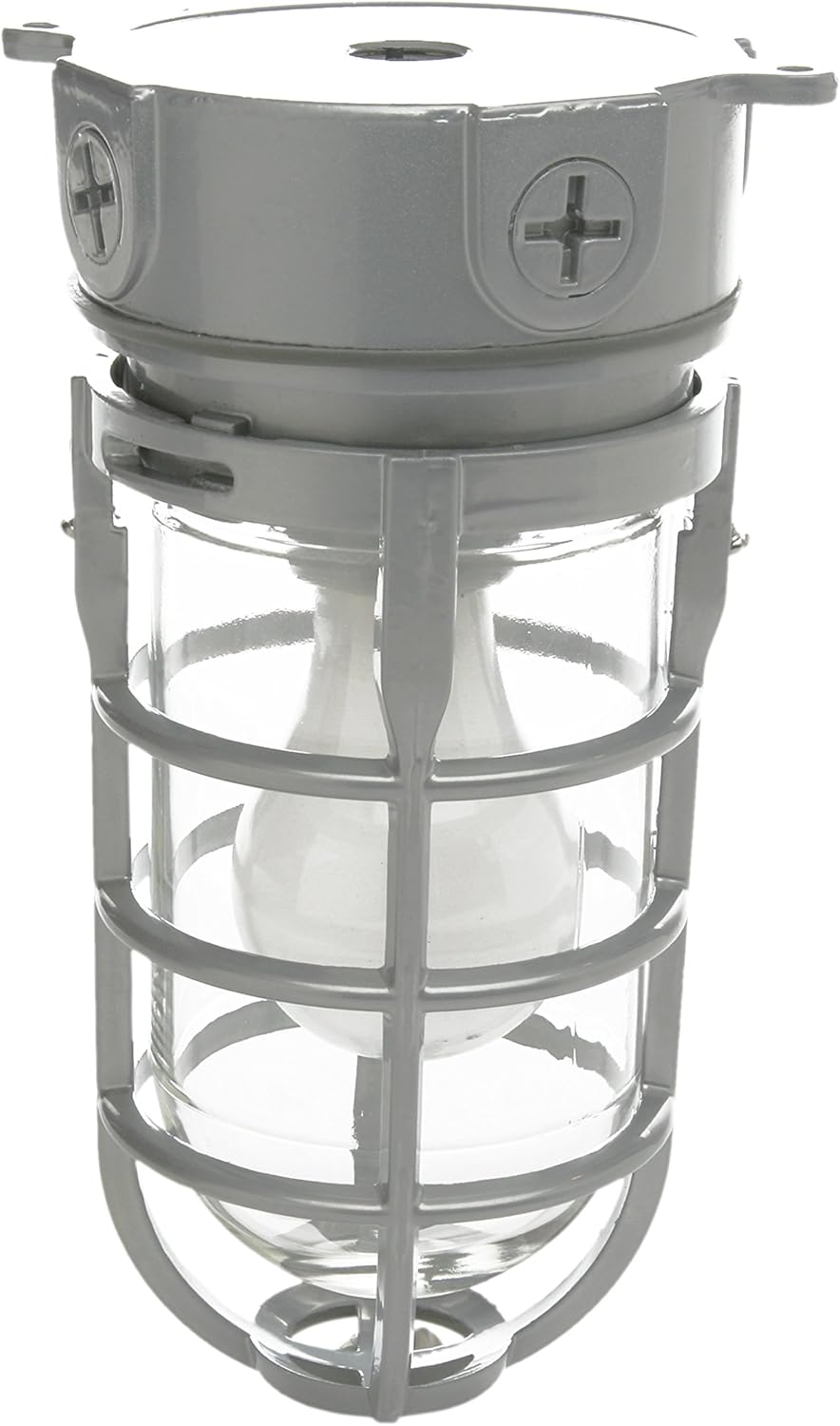 Designers Edge L1706 Vandal Resistant Security Light - Heavy Duty Industrial Cage Ceiling Mount with Tempered Glass Lens, Silver, 150W