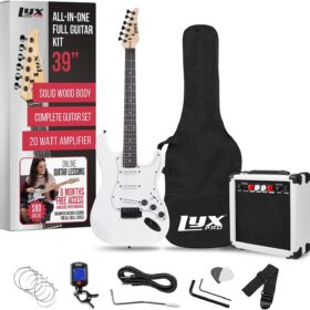 LyxPro 39-Inch Electric Guitar Starter Kit – Full Size, with 20W Amp, Tuner, Accessories & Gig Bag – Ideal for Beginners (White)