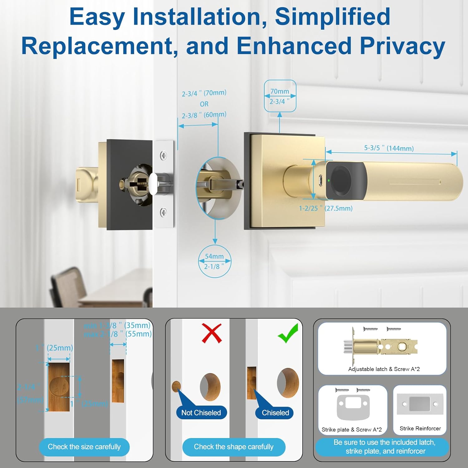 Gavdhe Smart Biometric Door Lock with App Control – Keyless Entry Fingerprint Deadbolt, Auto-Lock & Anti-Peephole, Battery Powered for Home, Office & Apartment (Gold)