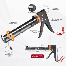 Cocew Professional Caulk Gun Kit – 10oz Dripless Sealant Tool with Silicone Remover, Finishing Tool, and Grout Scraper for Bathroom, Kitchen, and Windows