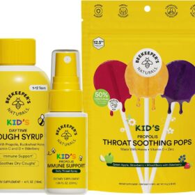 Beekeeper's Naturals Kid's Immune Support Trio - Propolis Throat Spray, Honey Cough Syrup & Soothing Lollipops - Natural Sore Throat Relief