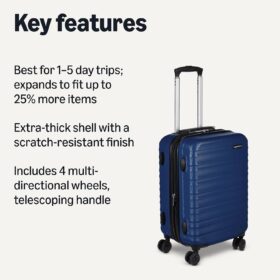 Amazon Basics 21-Inch Hardside Carry-On Spinner Luggage – Scratch-Resistant Navy Blue Hardshell Suitcase with 4 Spinner Wheels & Expansion