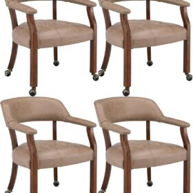 LEEMTORIG Set of 4 Rolling Dining Chairs with Casters - Upholstered Boss Captain's Chairs with Arms and Solid Wood Frame, Cherry & Yellowish Brown
