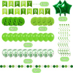 Recosis Green Birthday Party Decorations Kit – Wild One Safari Dinosaur Theme with Banner, Balloons, Pompoms & Swirls