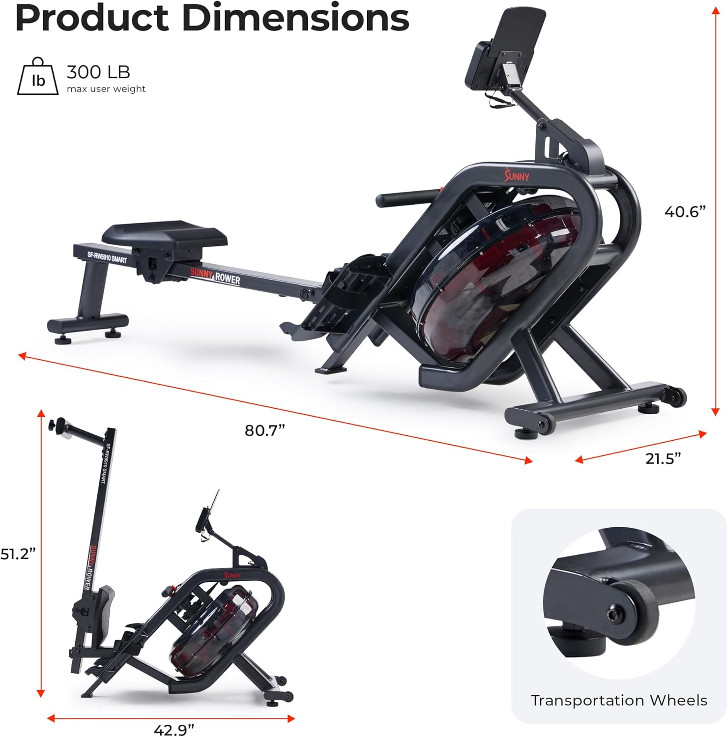 Sunny Health & Fitness Water Rowing Machine – Foldable Rower with Extended Slide Rail, LCD Performance Monitor, & SunnyFit App for Home Cardio