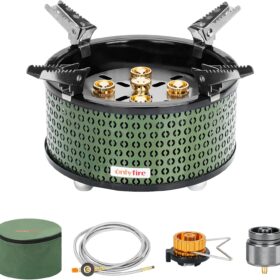 ONLYFIRE 5-Burner Portable Camping Stove with Piezo Ignition - Multi-Fuel Propane & Isobutane Outdoor Backpacking Stove with Storage Bag & Adapters Kit for Hiking, Tailgating & Emergency Prep (Green)