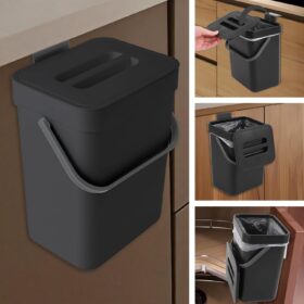 3L Hanging Trash Can with Lid - Wall Mount Compost Bin for Kitchen, Under Sink & Cabinet Storage - Odorless Countertop Waste Bucket for Home, Bathroom & Camping (Black)