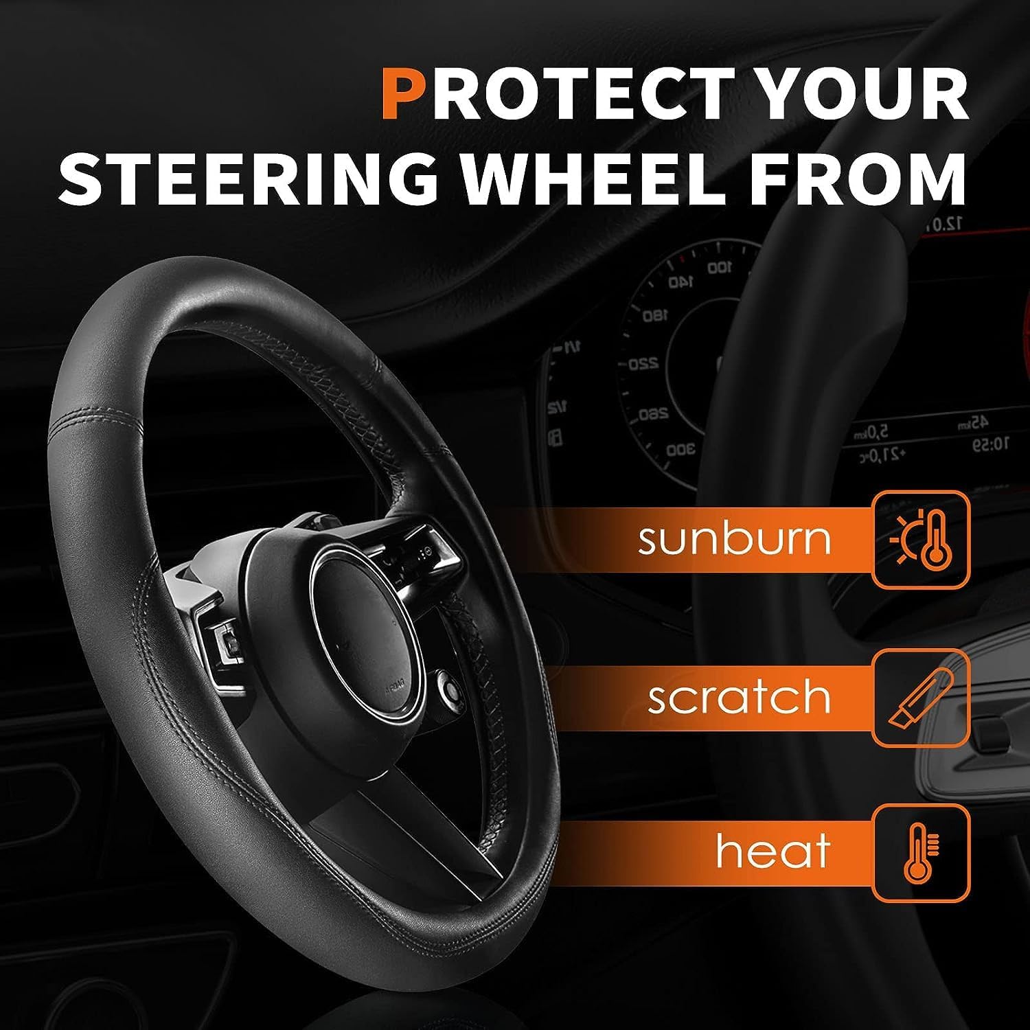 HOTOR Premium Leather Steering Wheel Cover – Universal Anti-Slip Grip for 14.5-15 Inch Wheels – Ultimate Interior Protection & Comfort