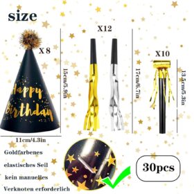 Luxury Black and Gold Birthday Party Pack - 30 Pcs Cone Hats and Noise Makers Set for Boys Men Adults