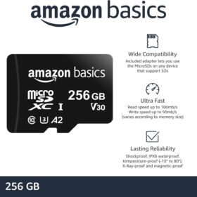 Amazon Basics 256GB Micro SDXC Memory Card with Adapter - A2, U3, UHS-I, up to 100MB/s