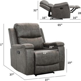 CANMOV Grey Leather Recliner Chair – Overstuffed Manual Reclining Sofa with Hidden Cup Holders and Lumbar Support