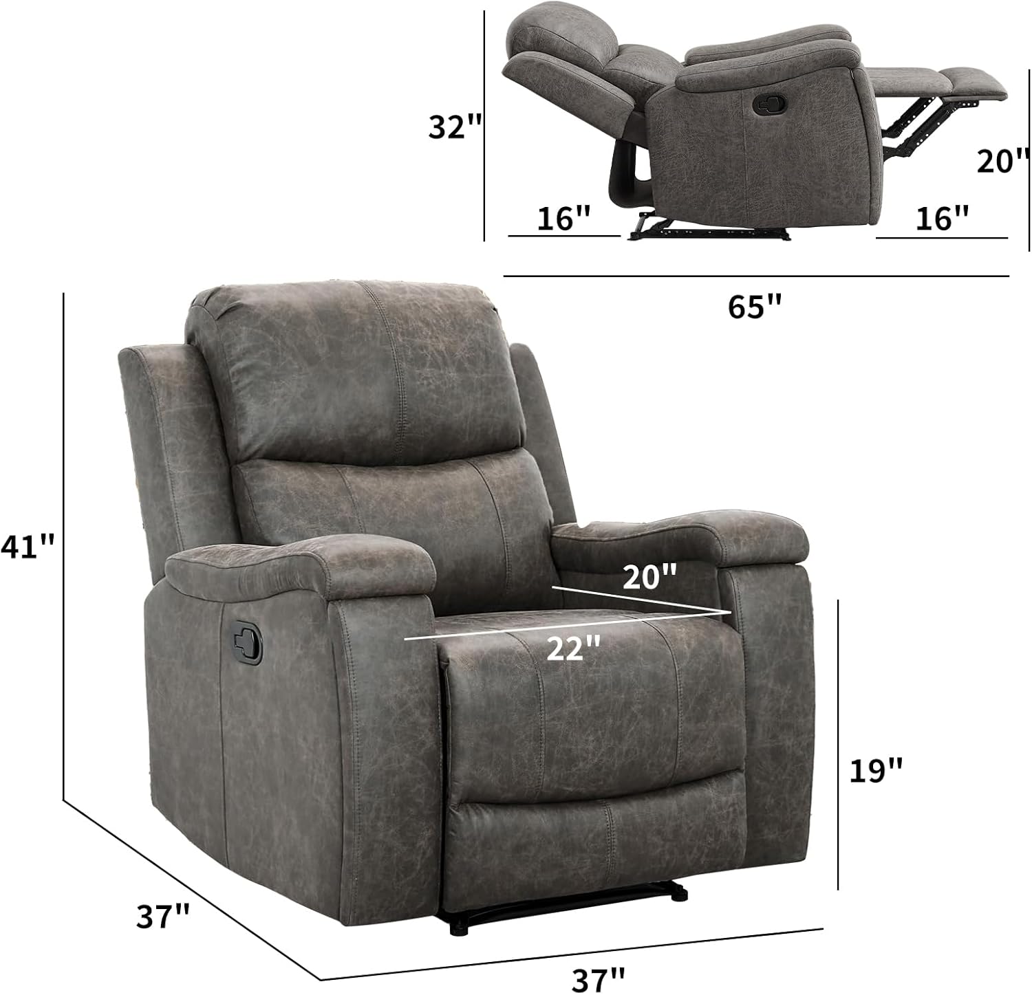 CANMOV Grey Leather Recliner Chair – Overstuffed Manual Reclining Sofa with Hidden Cup Holders and Lumbar Support
