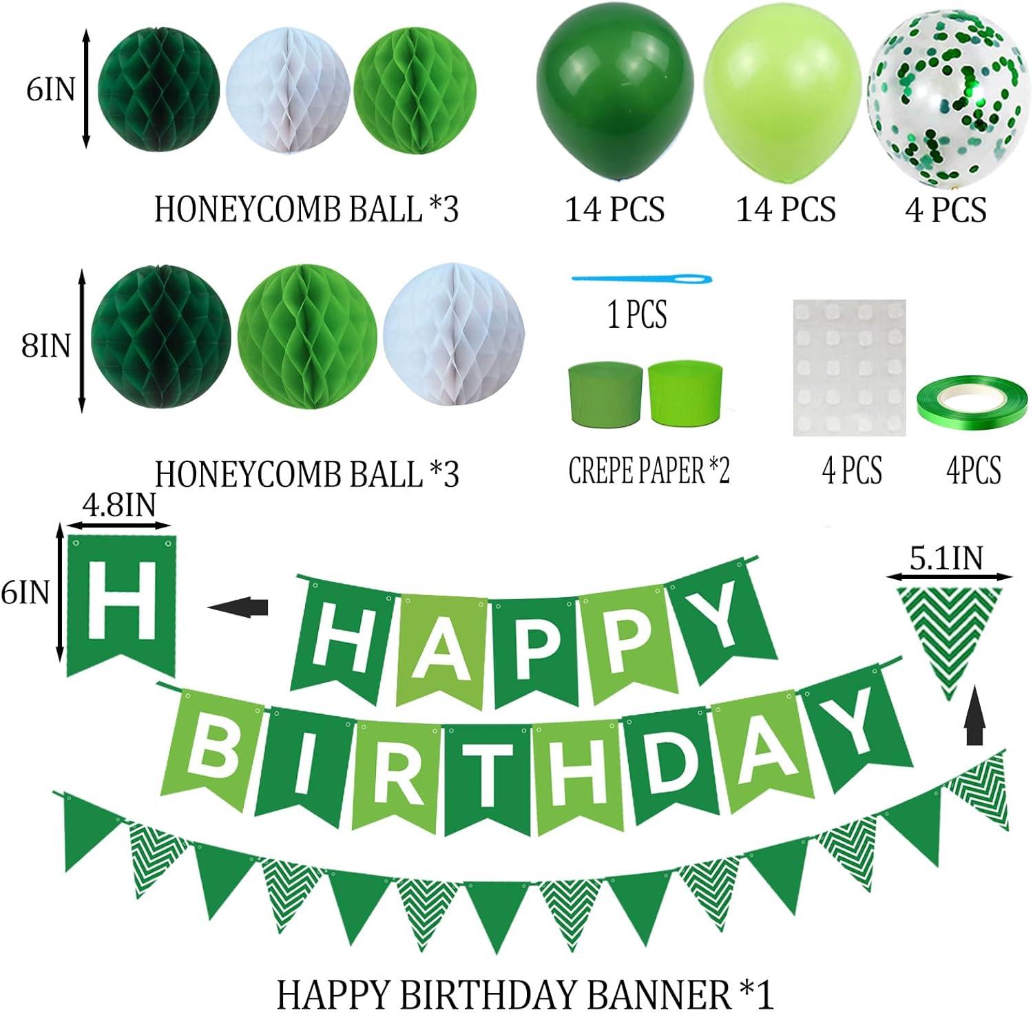 Green Birthday Party Decoration Kit - 32 Pcs Includes Happy Birthday Banner, 2 Streamer Rolls, Honeycomb Balls & Balloons for Boys, Girls, Men & Women