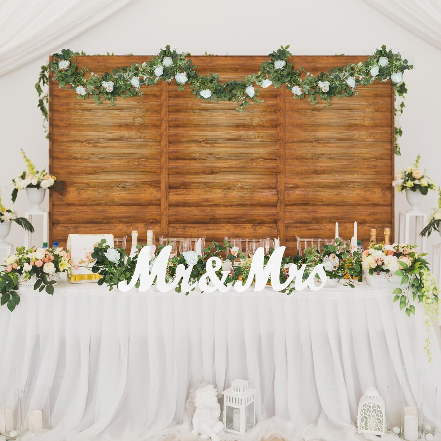 Mr & Mrs Wedding Table Decorations with 5.9ft Faux White Rose Garland - Rustic Wooden Letter Signs for Sweetheart Head Table, Engagement & Bridal Shower Centerpieces