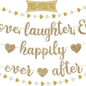 Gold Glitter 'Love Laughter & Happily Ever After' Banner Kit with Heart Streamers - Wedding Shower, Bachelorette Party & Engagement Decorations