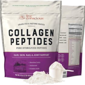 Live Conscious WellWithin Grass-Fed Collagen Peptides Powder - Unflavored Hydrolyzed Protein for Skin, Hair, Nails & Joints - Type I & III Supplement for Women & Men (16oz)