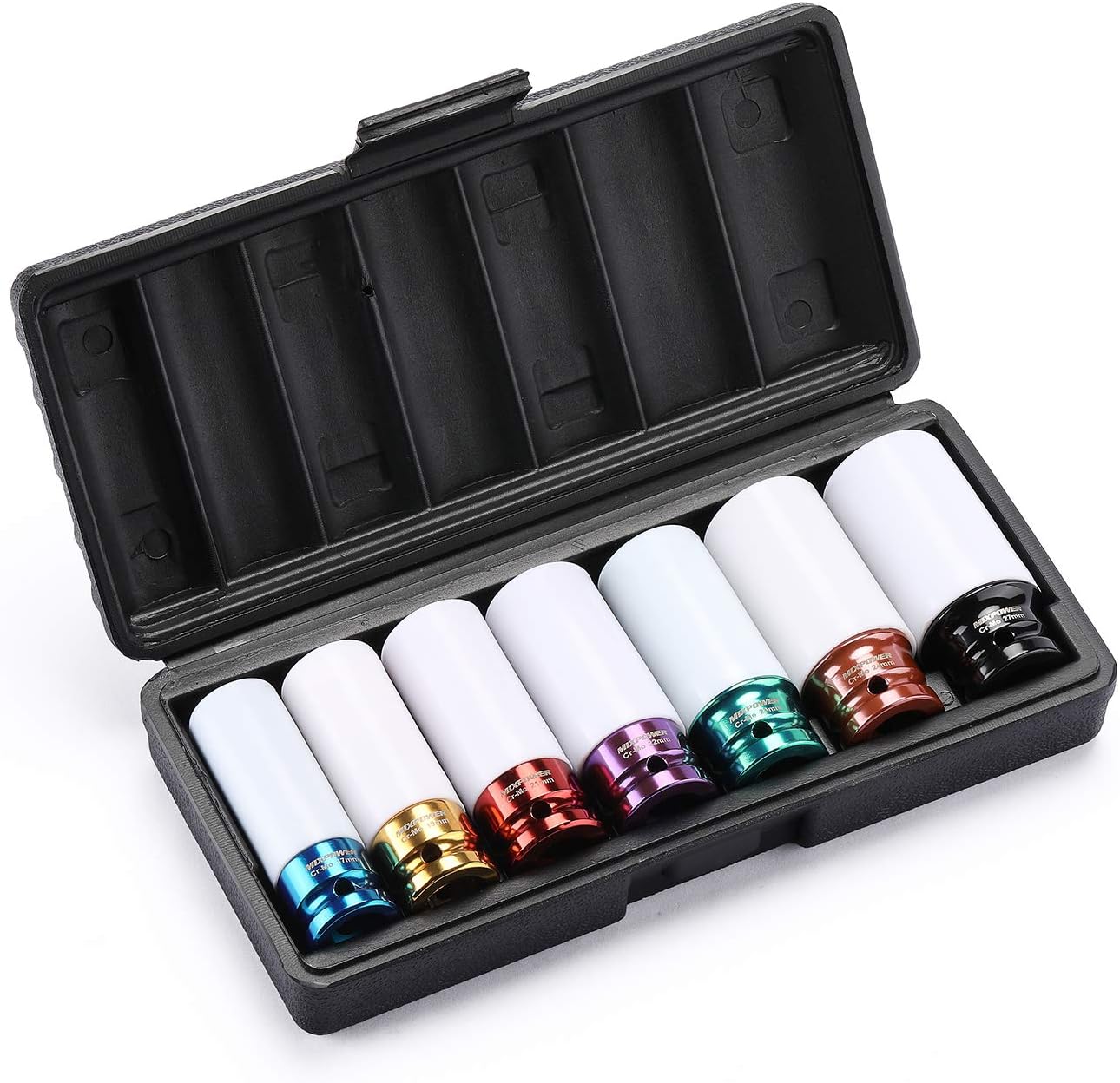 MIXPOWER 7-Piece 1/2" Drive Thin Wall Impact Socket Set – Color-Coded Wheel Rim Protector Sockets with Plastic Sleeves (17mm, 19mm, 21mm, 22mm, 23mm, 24mm, 27mm)