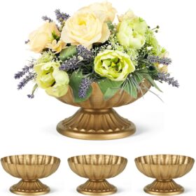 Set of 4 Gold Compote Vases – 7" Wide Distressed Metal Pedestal Bowls for Wedding Centerpieces, Floral Arrangements, & Home Décor