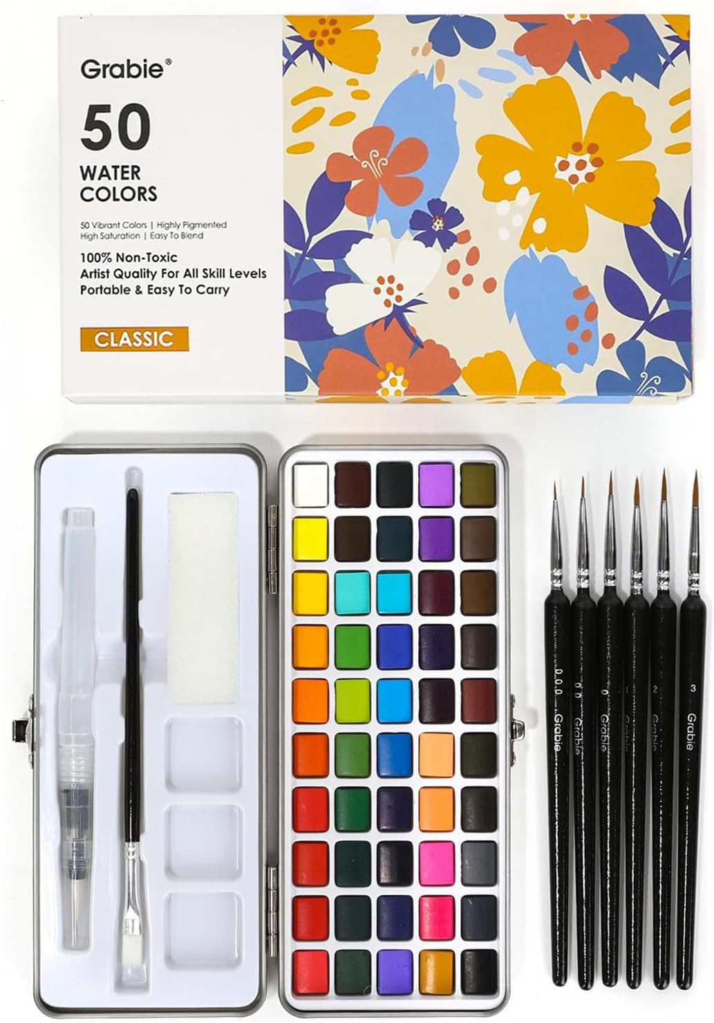Grabie 50 Colors Watercolor Paint Set with 6 Detail Brushes - Portable Travel Kit for Beginners, Artists, & Plein Air Painting