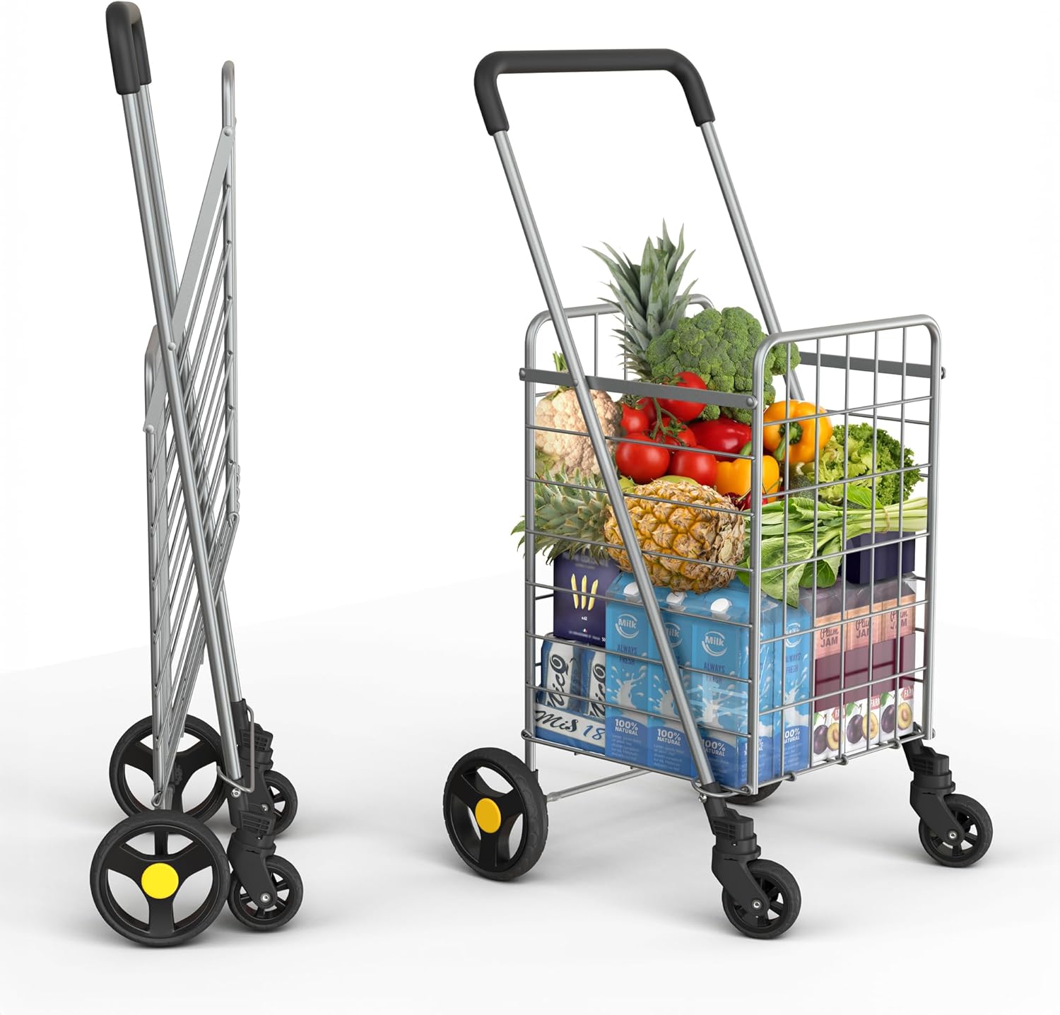 VersaHaul Heavy-Duty Folding Shopping Utility Cart with 360° Swivel Wheels - Lightweight, Collapsible Grocery & Laundry Cart - Silver