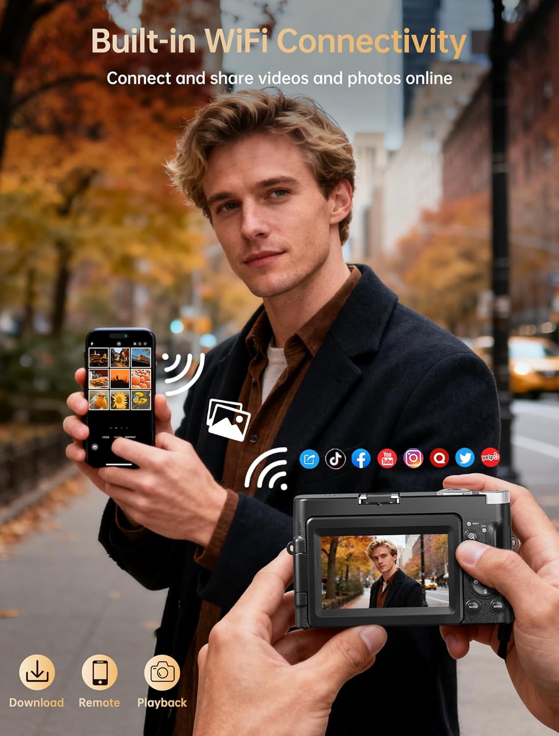 4K Vlogging Camera for Photography with 180° Flip Screen, 64MP Autofocus Point & Shoot Digital Camera, 16X Zoom WiFi for YouTube & Live Streaming (Includes 32GB SD Card & 2 Batteries)