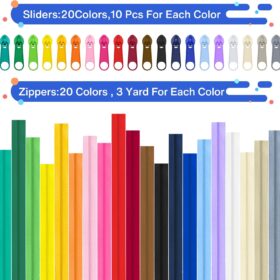 60 Yards Bulk #5 Nylon Coil Zipper Tape by the Roll – 20 Assorted Colors & 200 Metal Slider Replacement Pulls for DIY Sewing, Crafts, Clothes & Bag Making