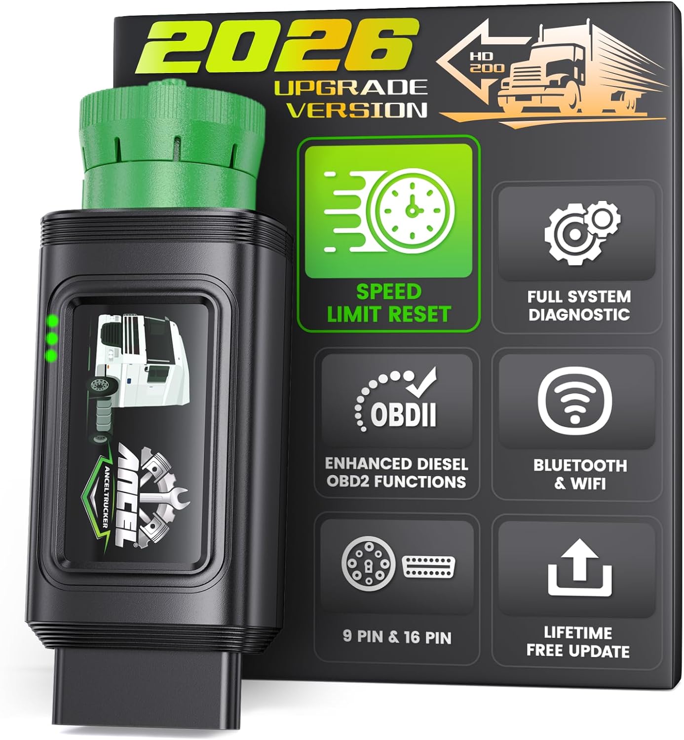 ANCEL HD200 Bluetooth Heavy Duty Truck Scanner | J1939/J1708 Diesel Code Reader & Speed Limiter Reset Tool for Cummins & Caterpillar | Lifetime Free Updates